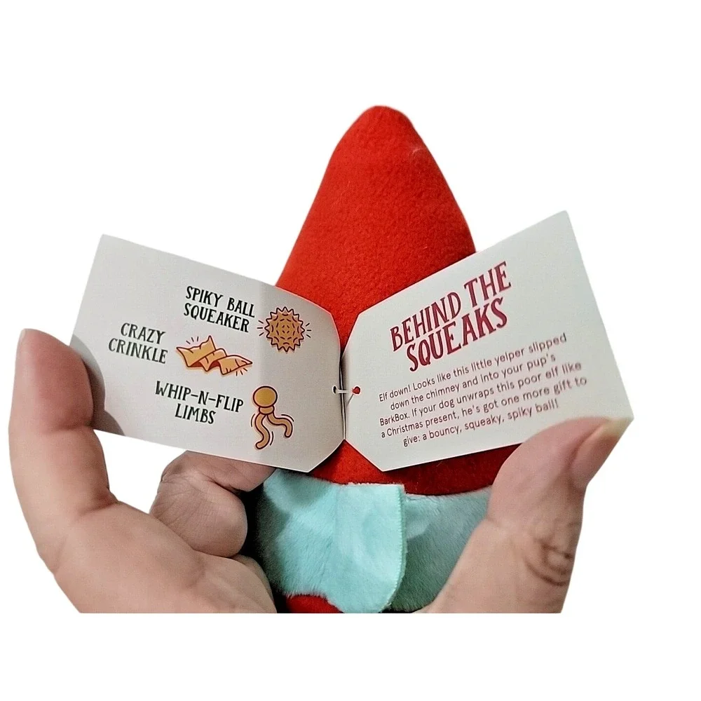 BARK Box Dinglebell Elf Dog Toy Large Dog Spiky Ball‎ Squeaker Crinkle Red NWT